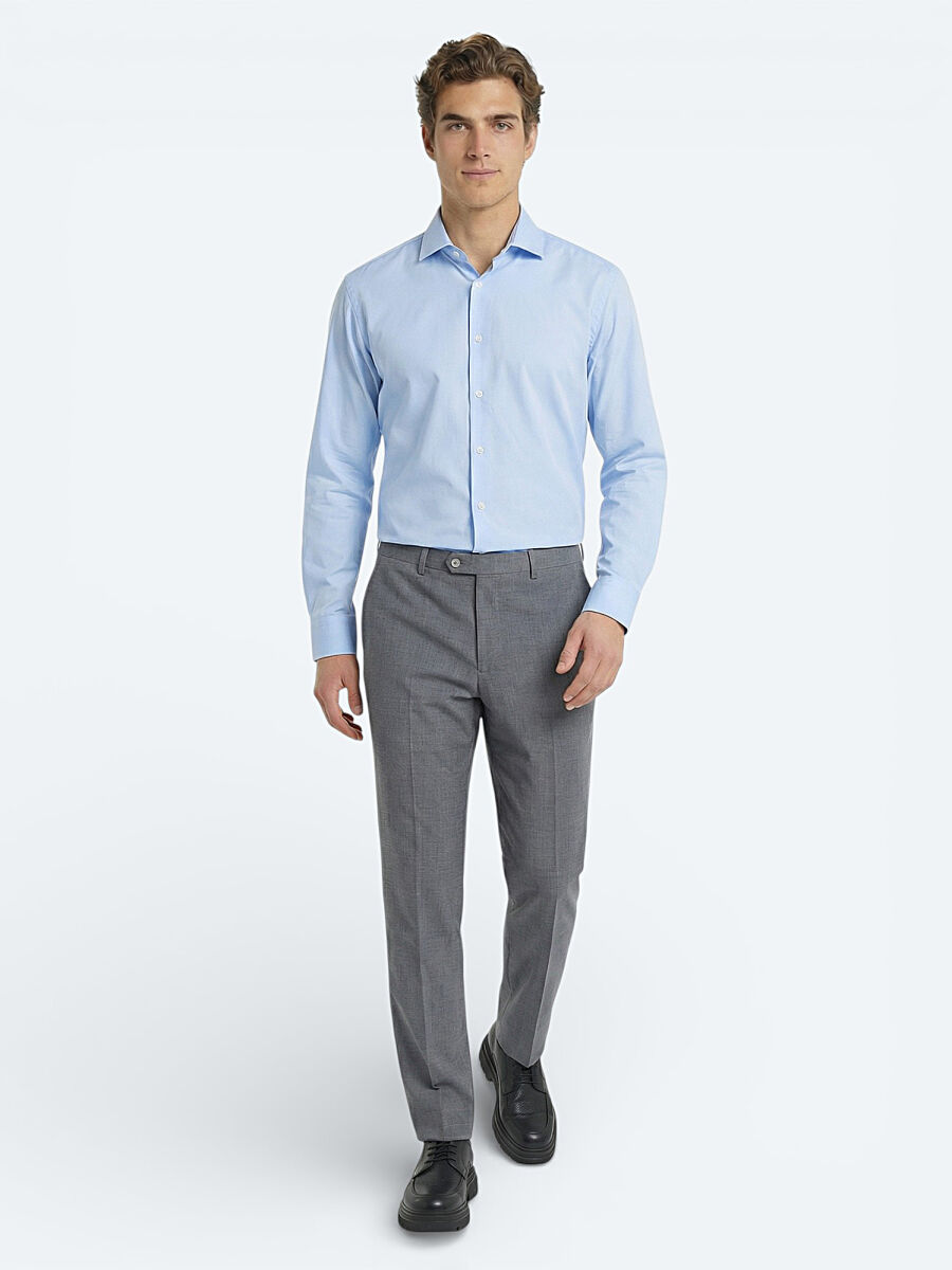 Blue Plain Regular Fit Weaving Classical 100% Cotton Shirt - 2