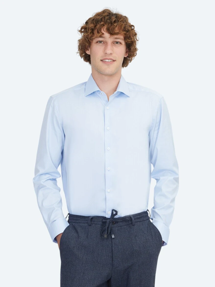 Blue Plain Regular Fit Weaving Classical 100% Cotton Shirt - KİP