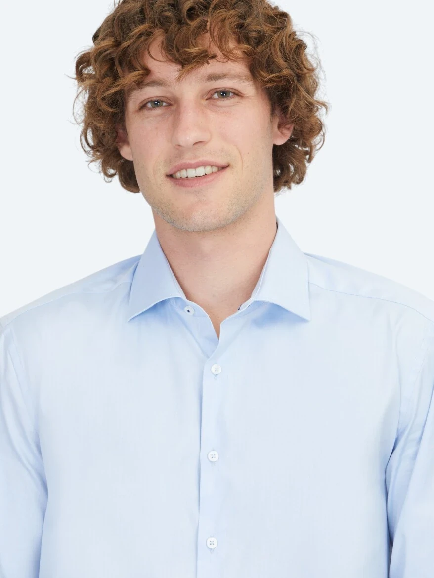 Blue Plain Regular Fit Weaving Classical 100% Cotton Shirt - KİP