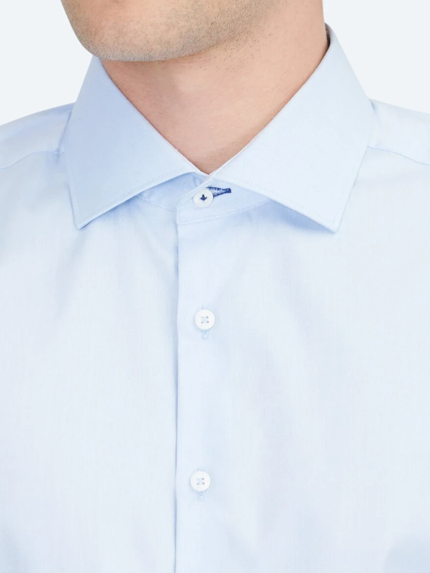 Blue Plain Regular Fit Weaving Classical 100% Cotton Shirt - 5