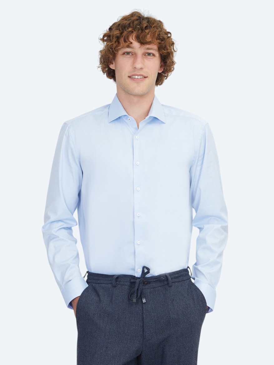 Blue Plain Regular Fit Weaving Classical 100% Cotton Shirt - 1