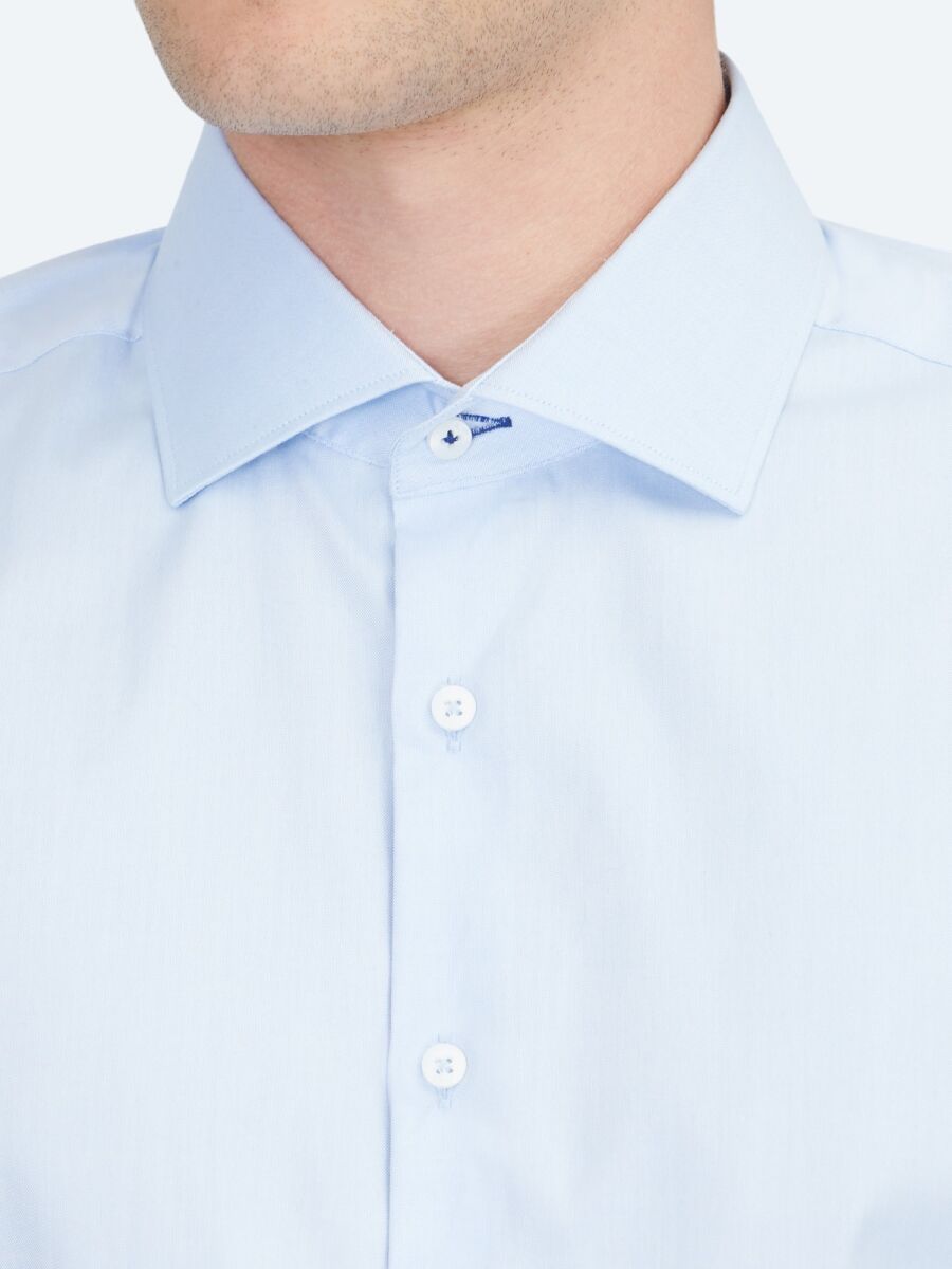 Blue Plain Regular Fit Weaving Classical 100% Cotton Shirt - 5