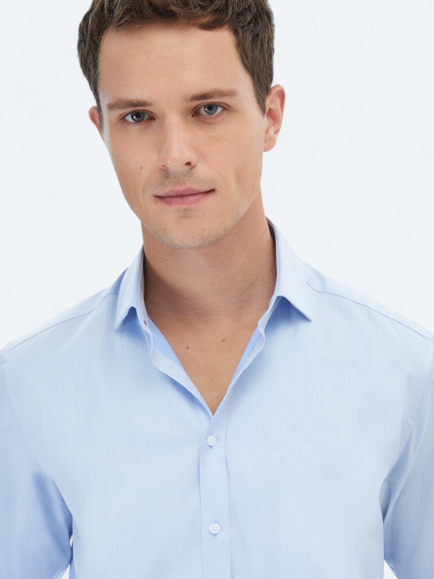 Blue Plain Regular Fit Weaving Classical 100% Cotton Shirt - 3