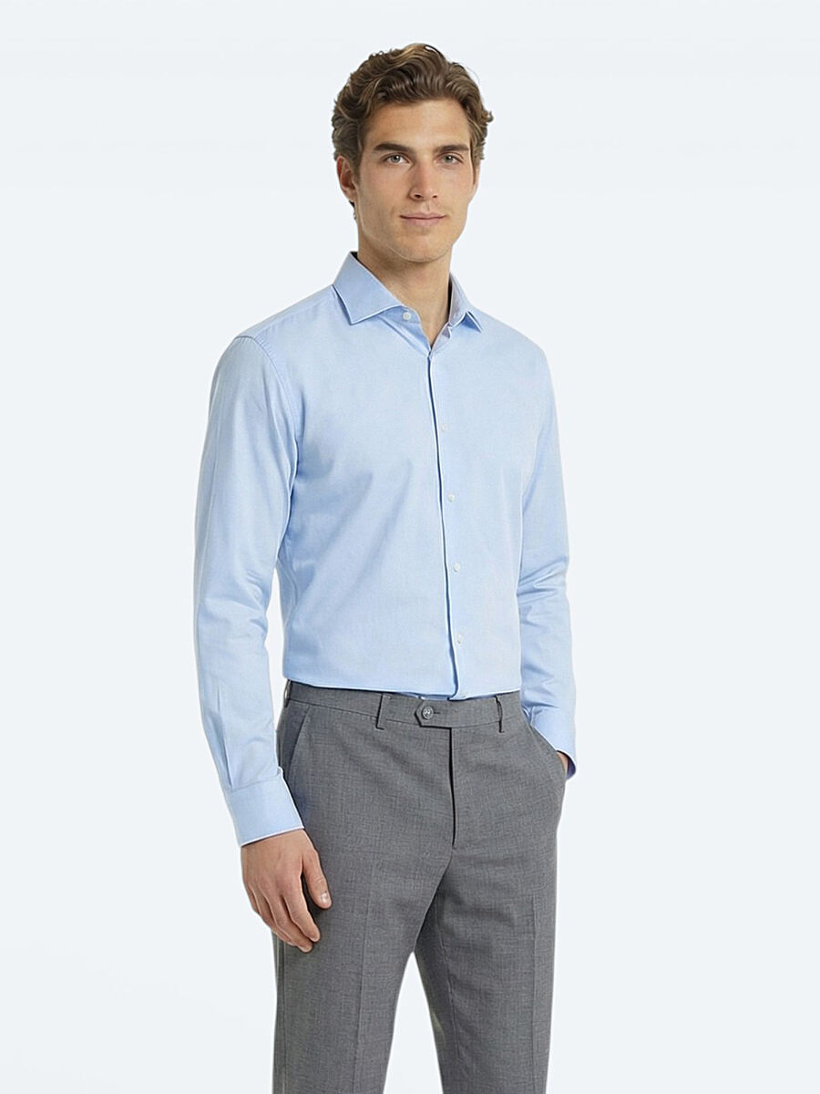 Blue Plain Regular Fit Weaving Classical 100% Cotton Shirt - 3