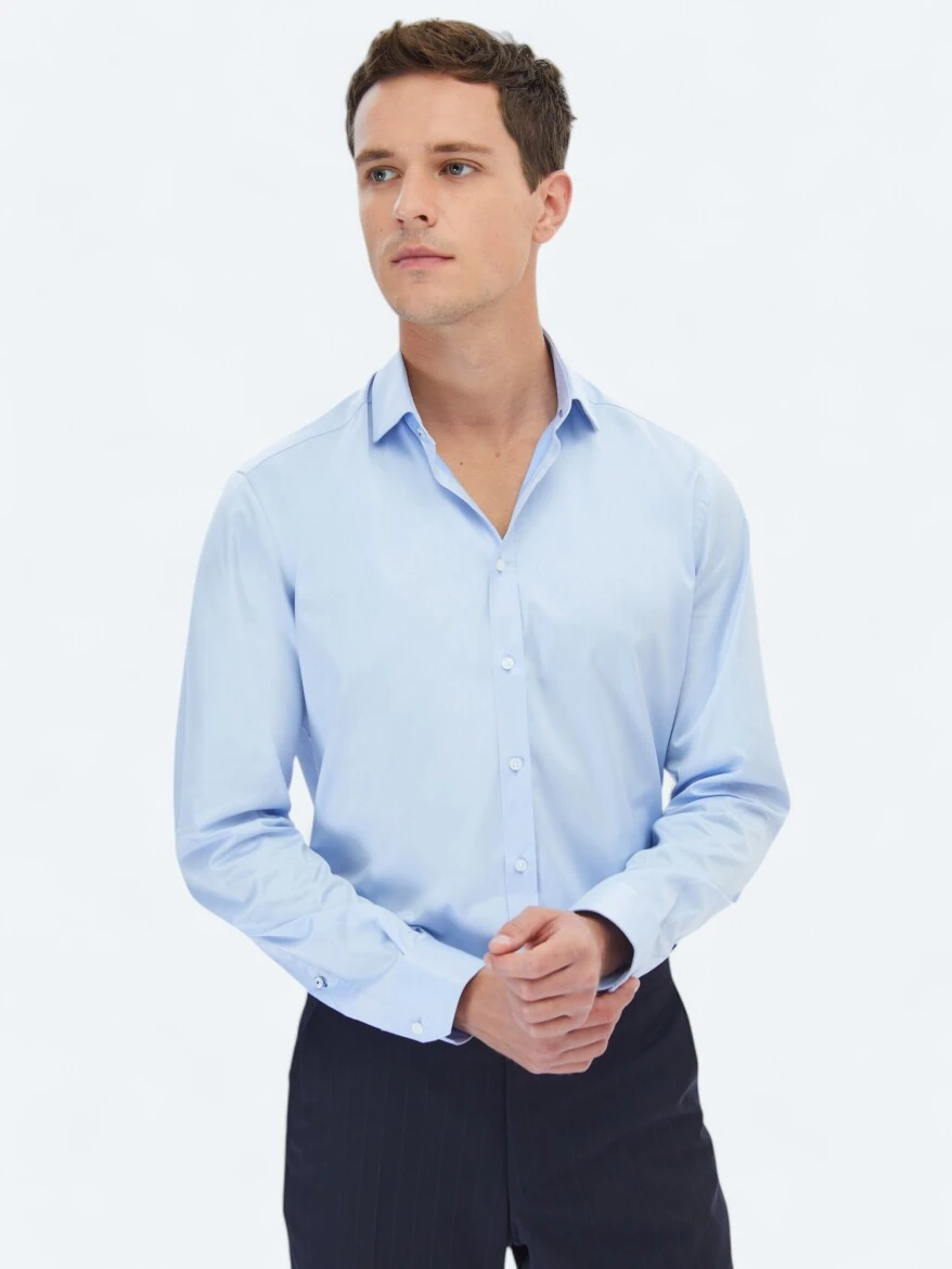 Blue Plain Regular Fit Weaving Classical 100% Cotton Shirt 