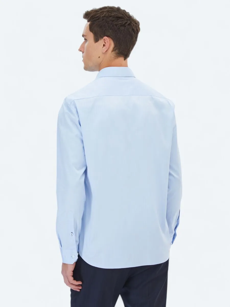 Blue Plain Regular Fit Weaving Classical 100% Cotton Shirt - 5