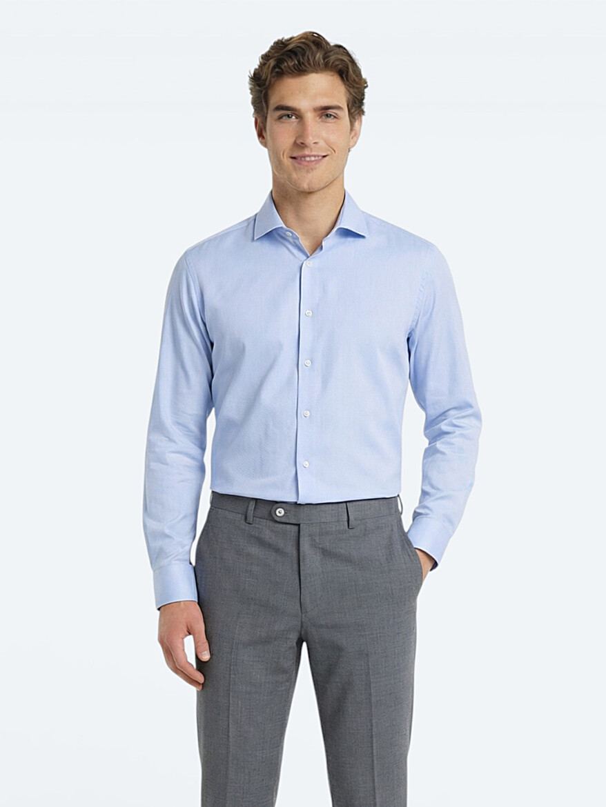 Blue Plain Regular Fit Weaving Classical 100% Cotton Shirt - 1