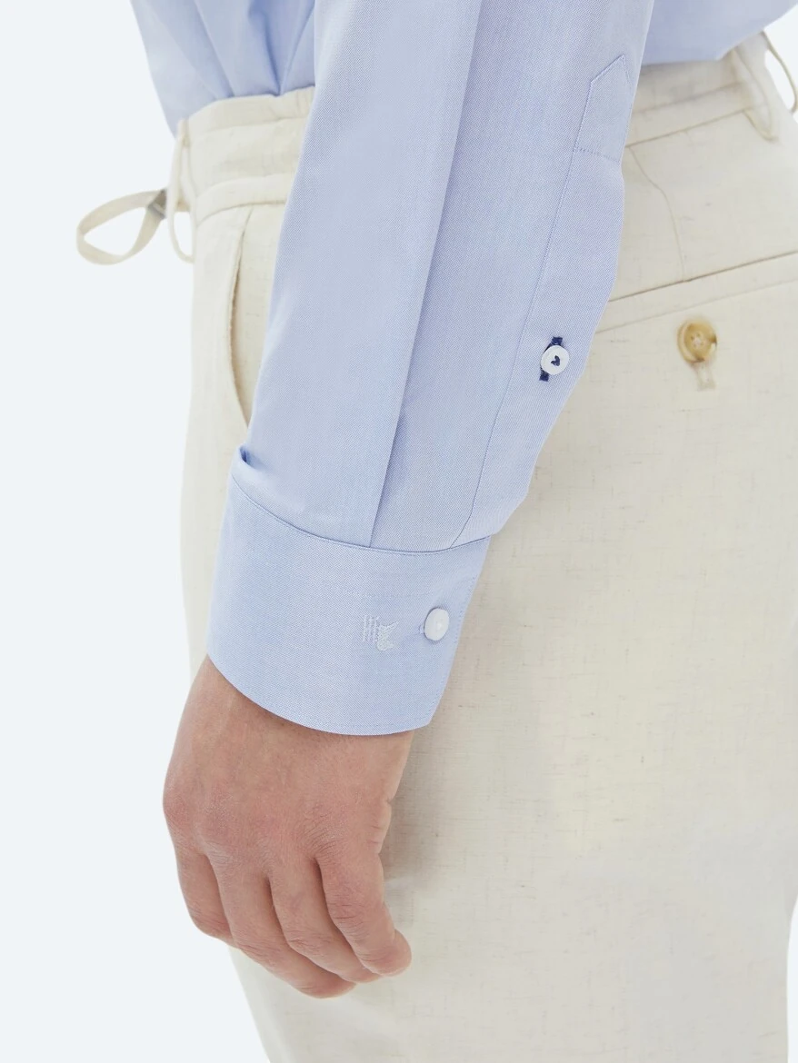 Blue Plain Regular Fit Weaving Classical 100% Cotton Shirt - 5