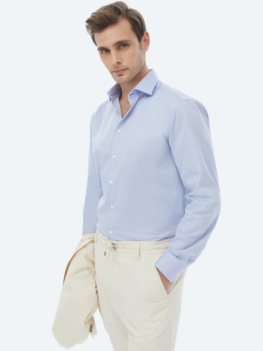 Blue Plain Regular Fit Weaving Classical 100% Cotton Shirt - 1