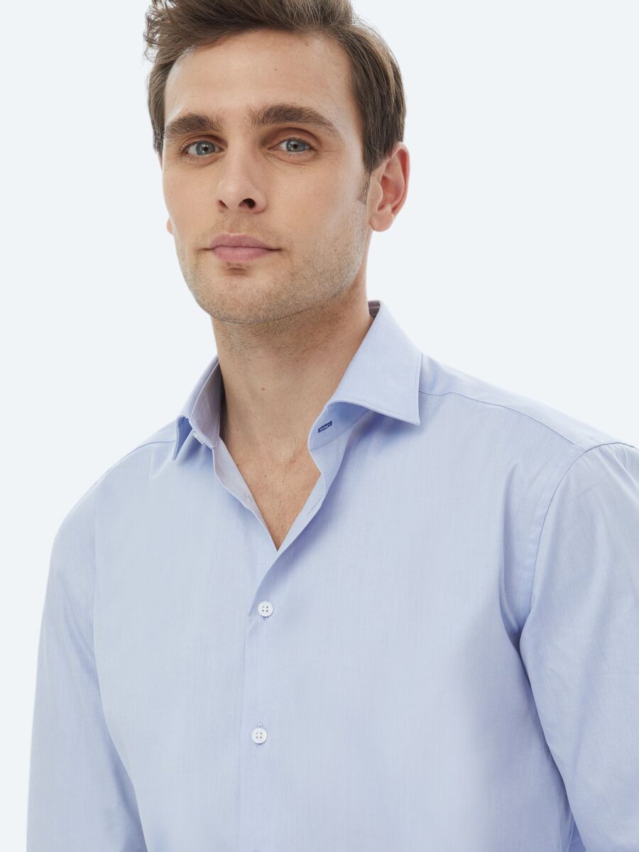 Blue Plain Regular Fit Weaving Classical 100% Cotton Shirt - 2