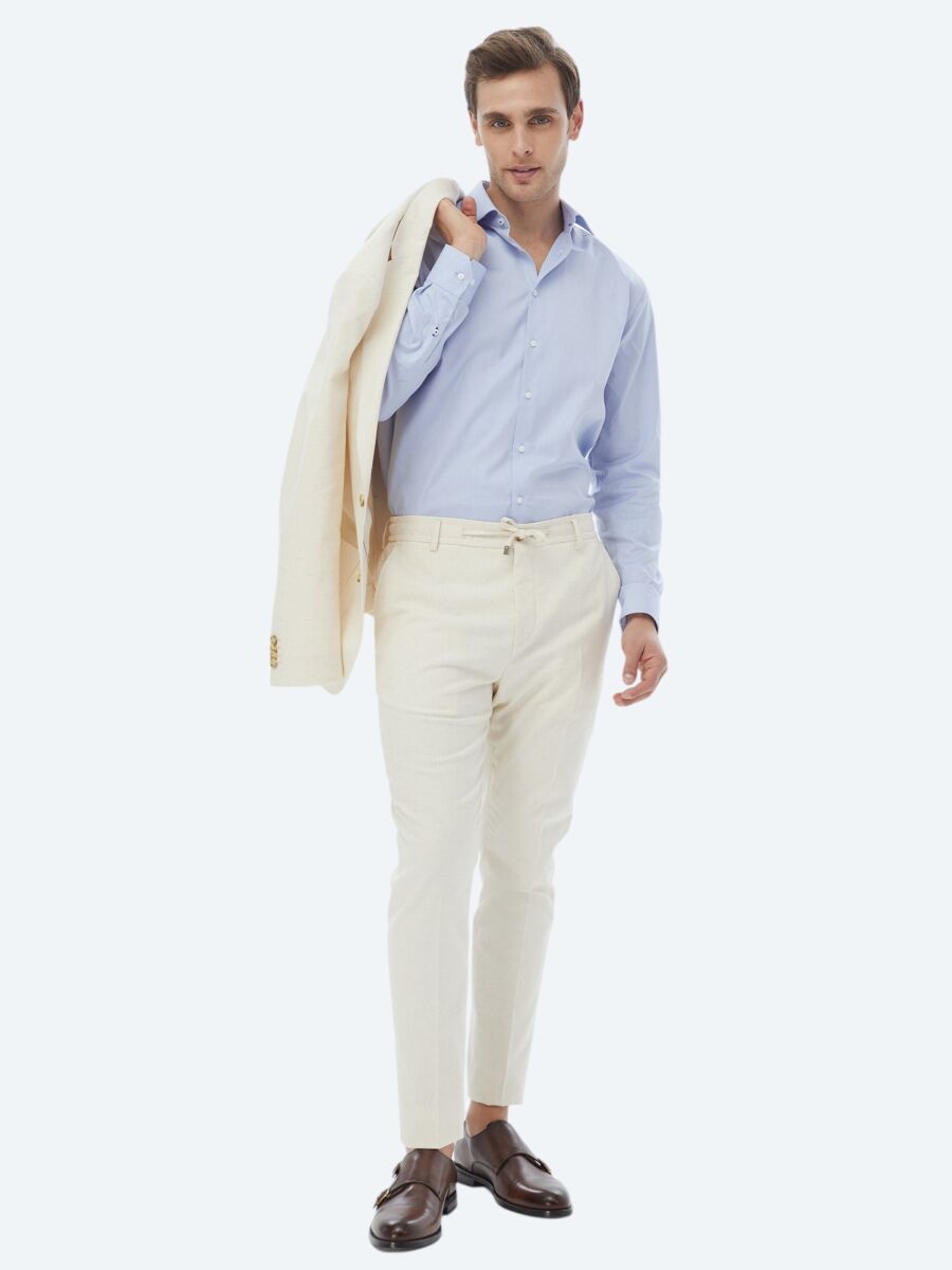 Blue Plain Regular Fit Weaving Classical 100% Cotton Shirt - 3