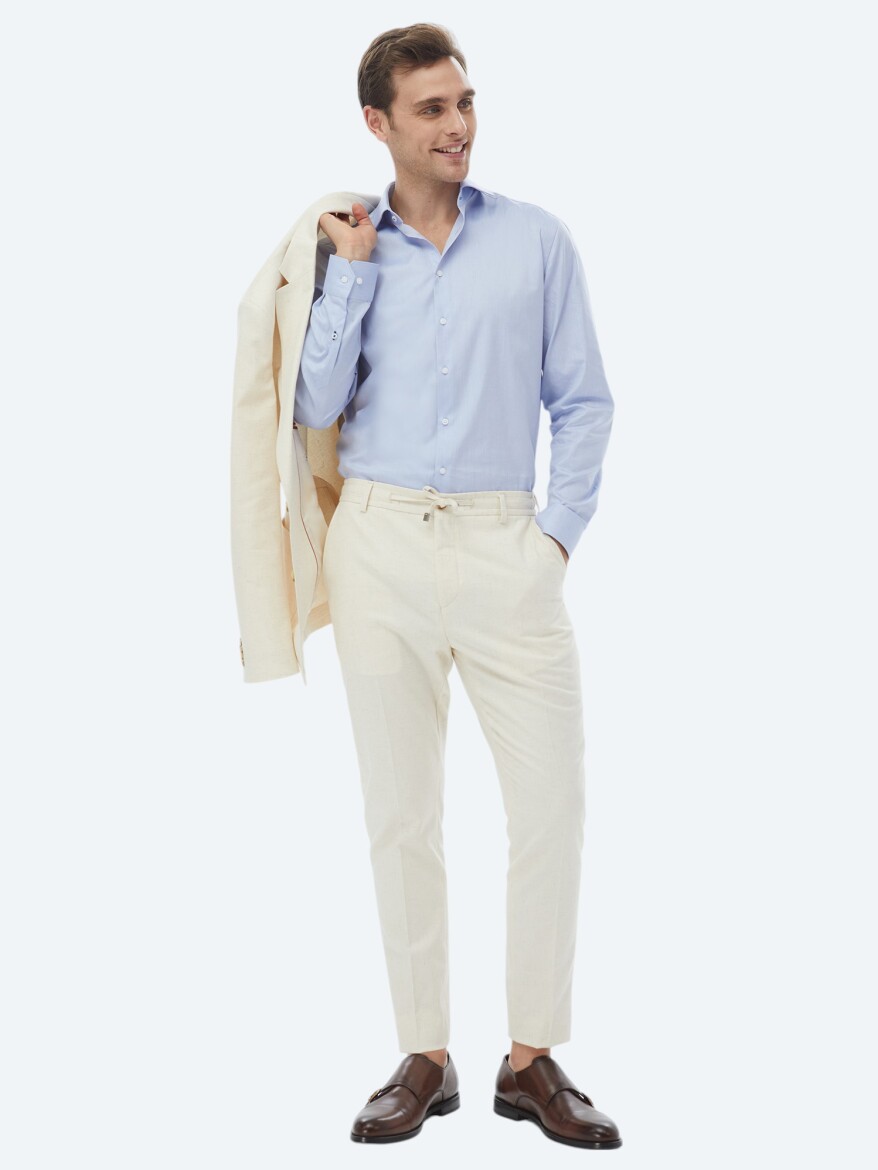 Blue Plain Regular Fit Weaving Classical 100% Cotton Shirt - 4