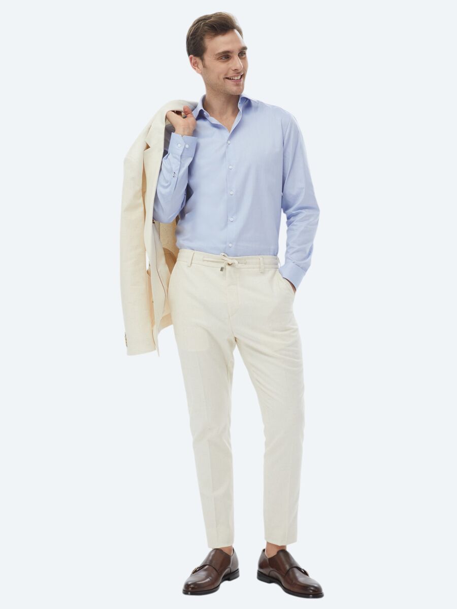 Blue Plain Regular Fit Weaving Classical 100% Cotton Shirt - 4