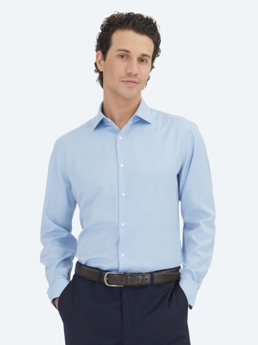 Blue Plain Regular Fit Weaving Classical Cotton Blended Shirt - 1