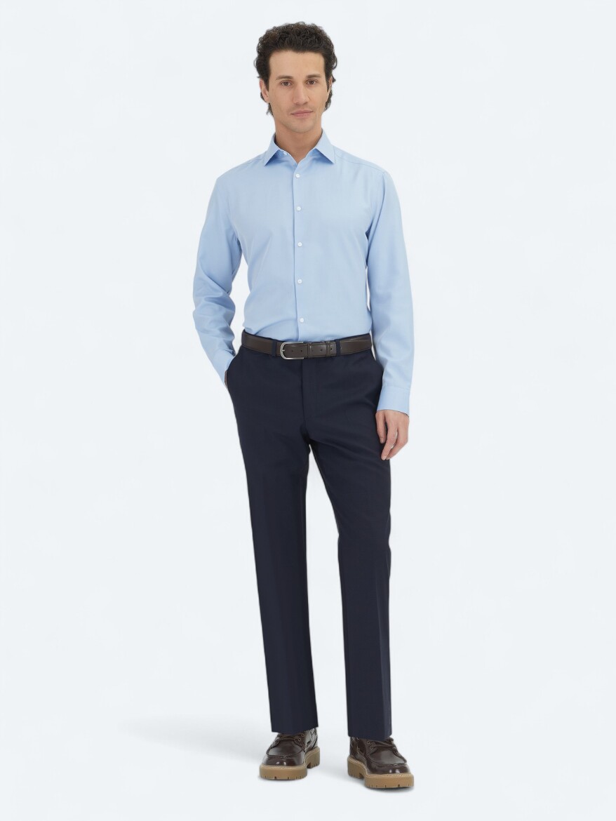 Blue Plain Regular Fit Weaving Classical Cotton Blended Shirt 