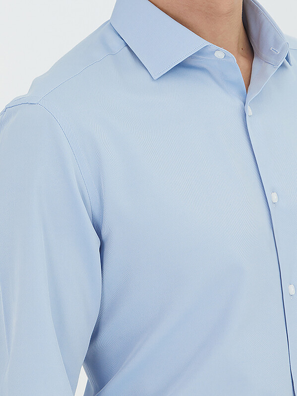 Blue Plain Regular Fit Weaving Classical Cotton Blended Shirt - 4