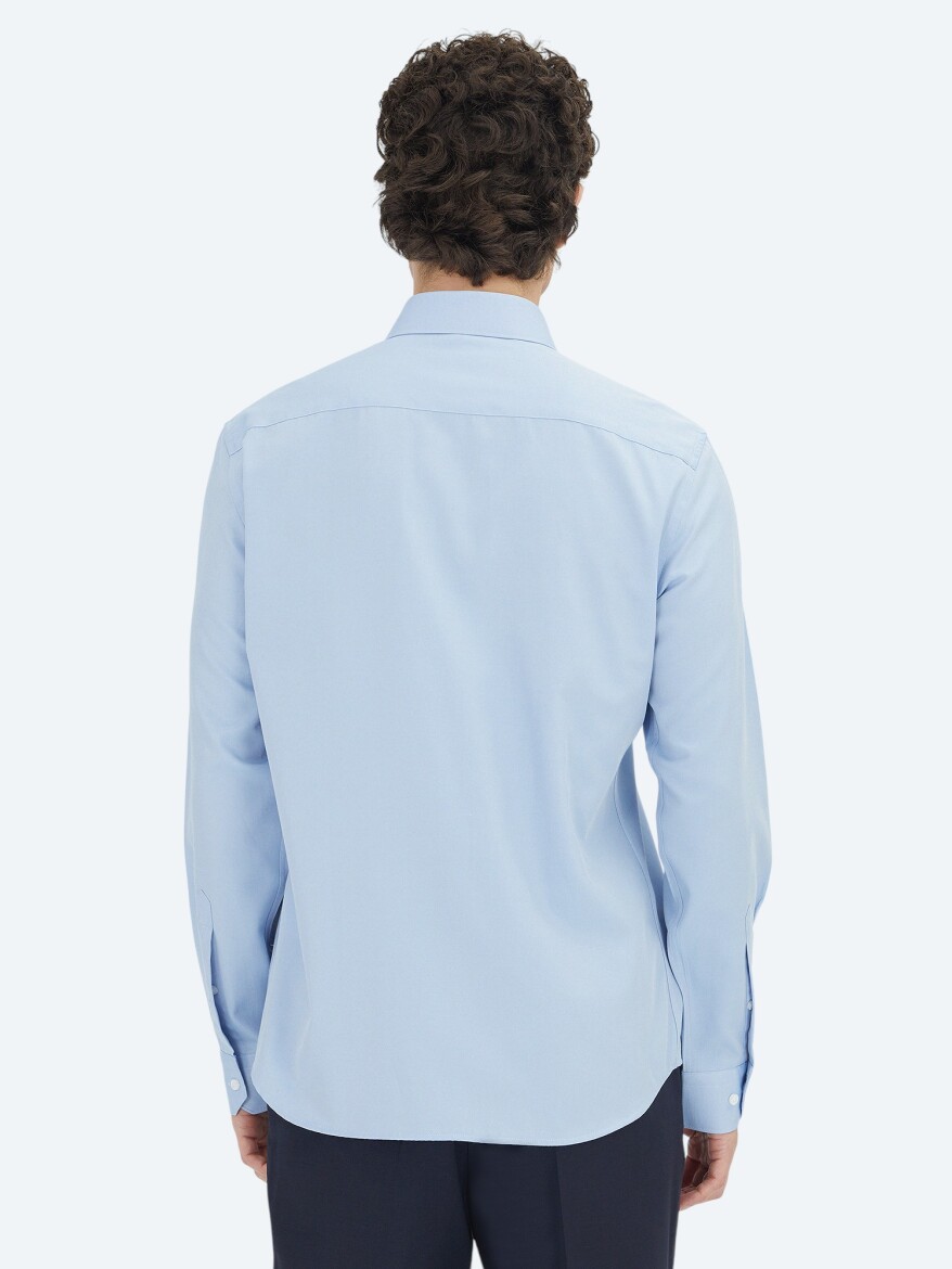 Blue Plain Regular Fit Weaving Classical Cotton Blended Shirt - 5