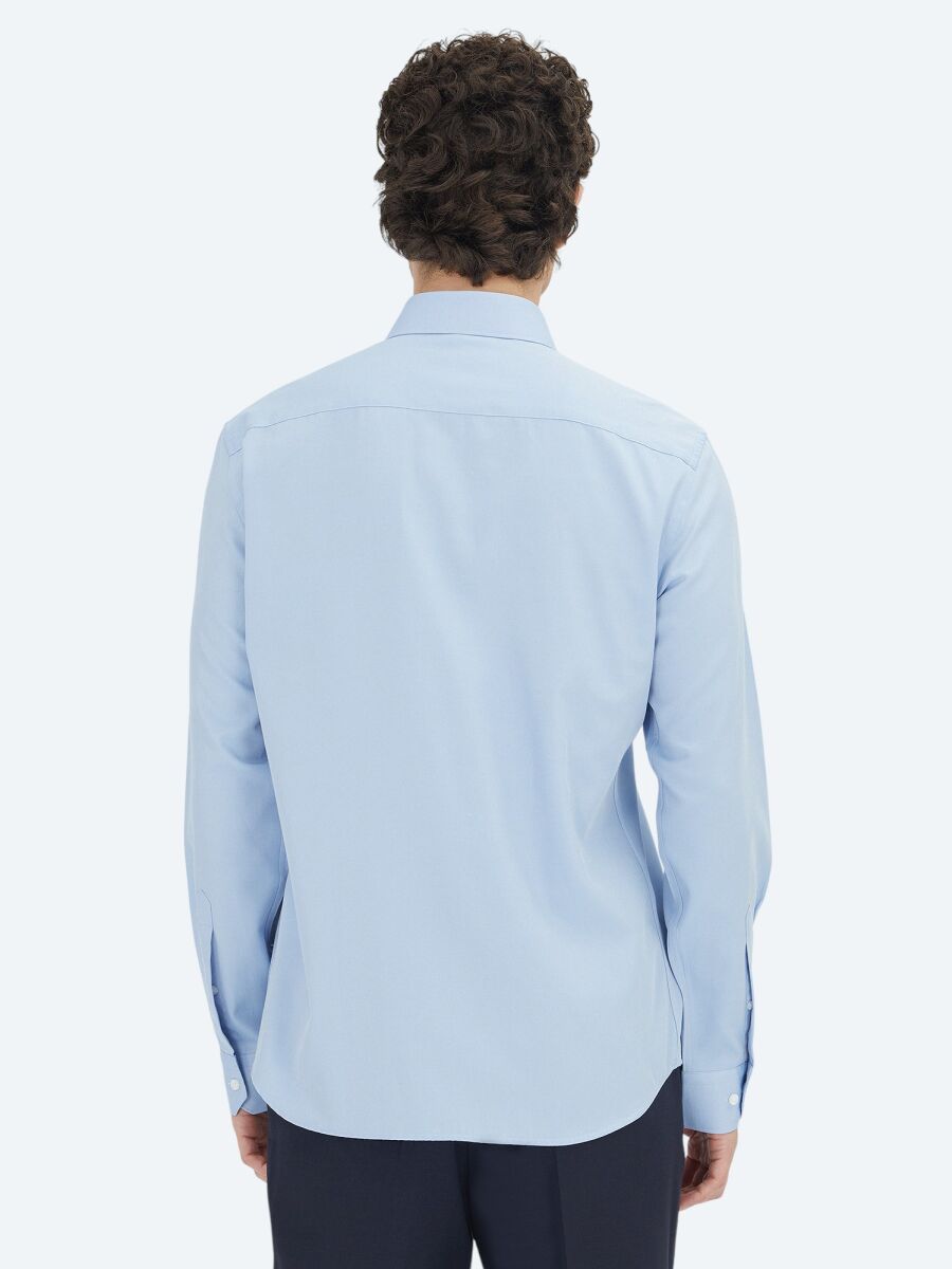 Blue Plain Regular Fit Weaving Classical Cotton Blended Shirt - 5