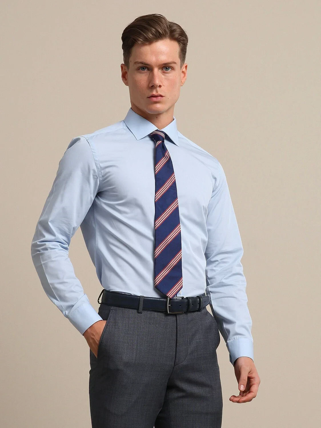 Blue Plain Regular Fit Weaving Classical Cotton Blended Shirt - 1