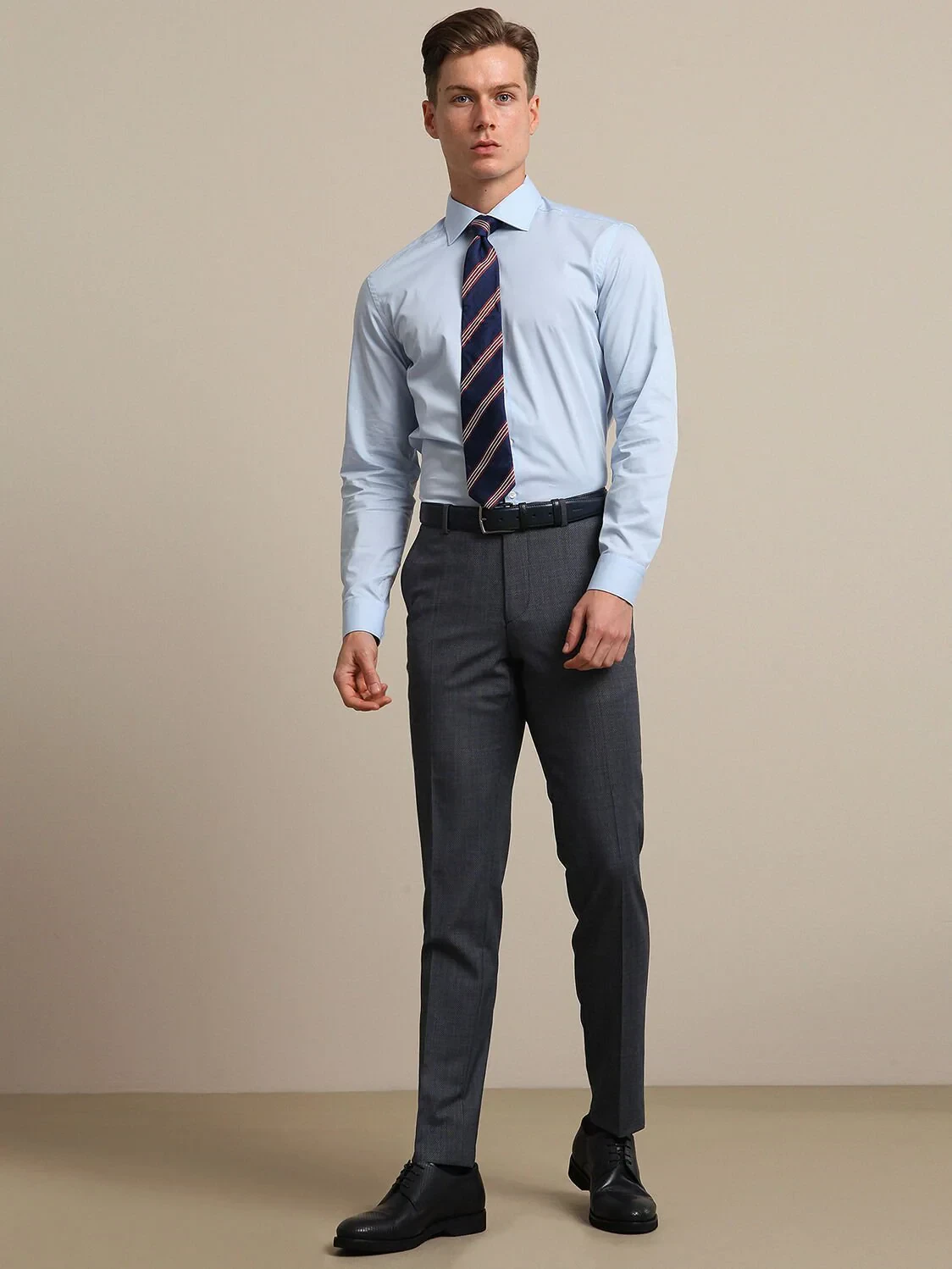 Blue Plain Regular Fit Weaving Classical Cotton Blended Shirt - 3