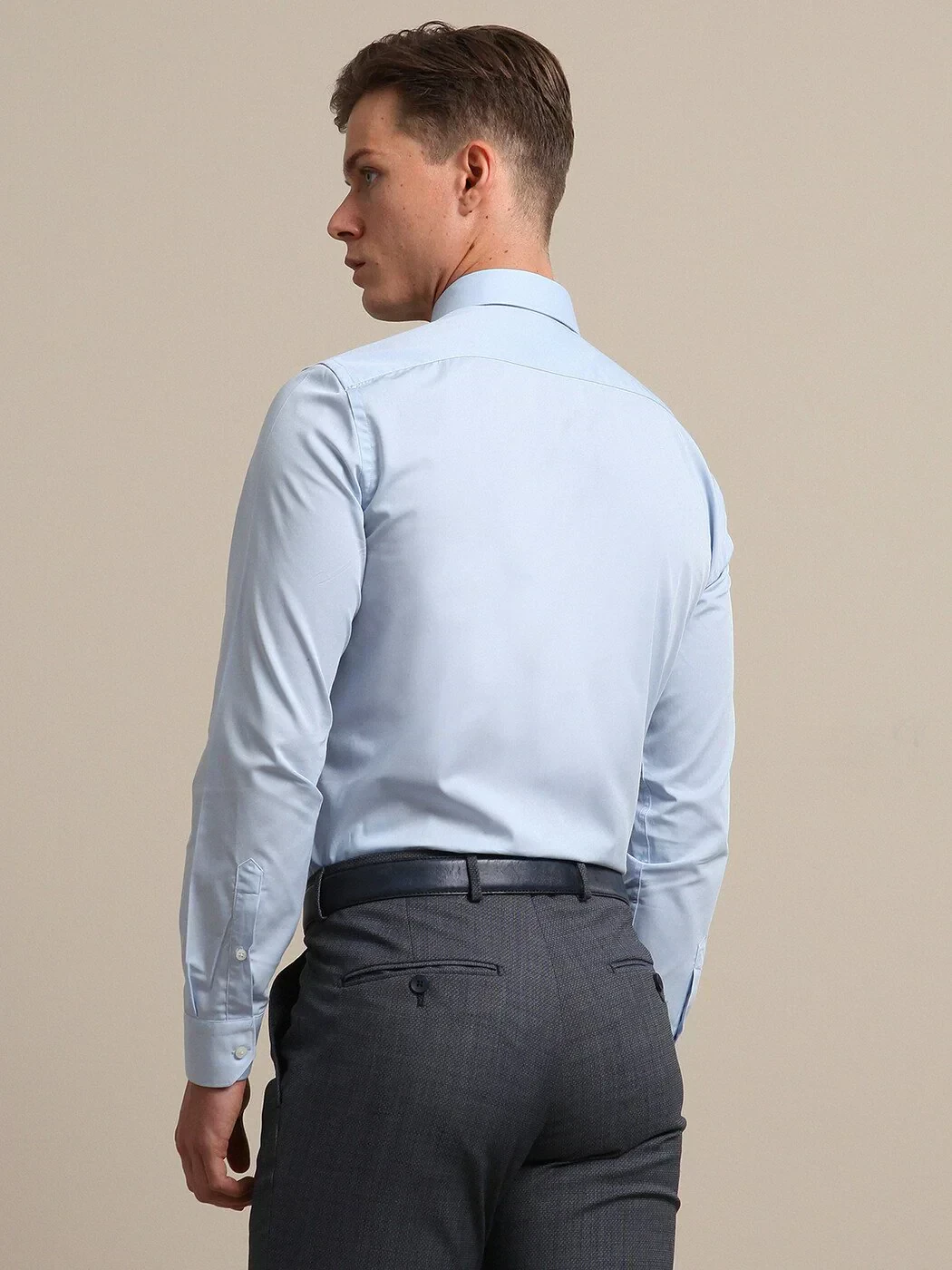 Blue Plain Regular Fit Weaving Classical Cotton Blended Shirt 