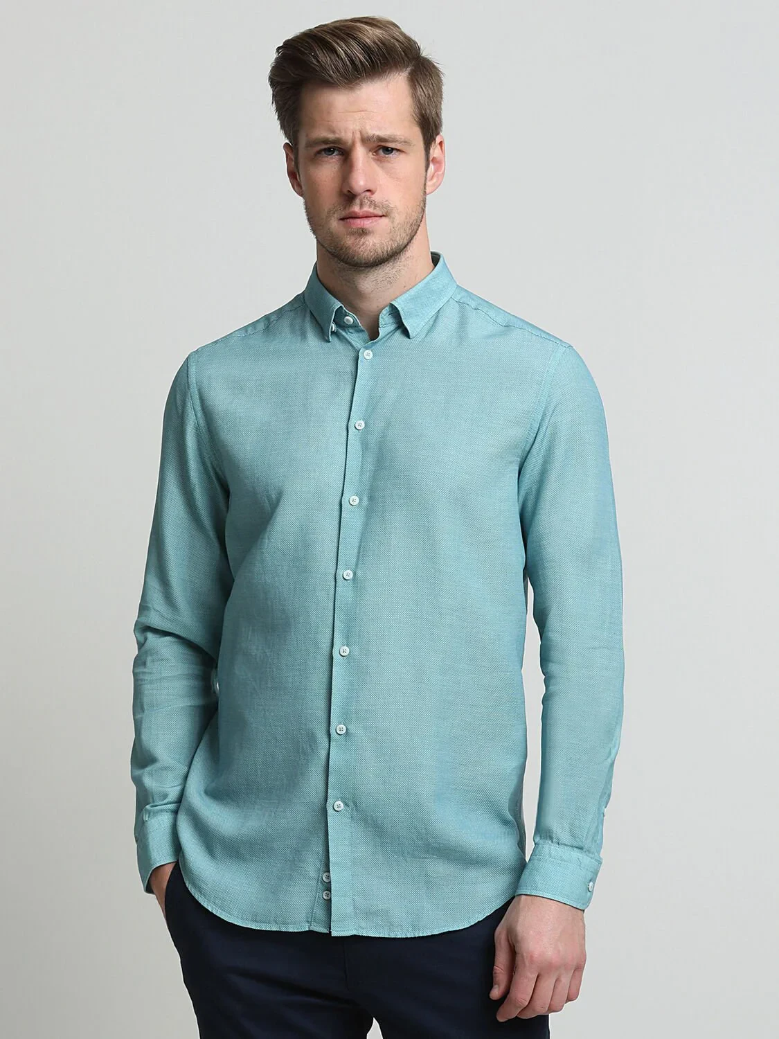 Blue Plain Regular Fit Weaving Classical Cotton Blended Shirt - 1