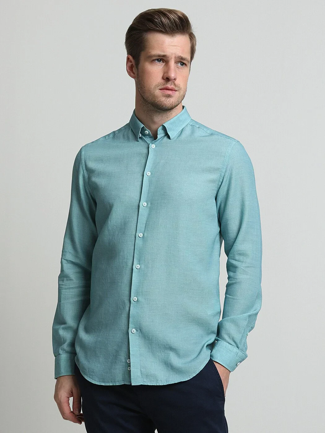Blue Plain Regular Fit Weaving Classical Cotton Blended Shirt - 3