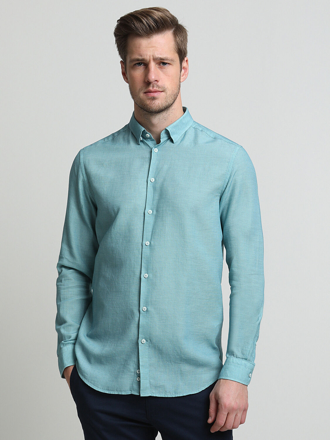 Blue Plain Regular Fit Weaving Classical Cotton Blended Shirt - 1