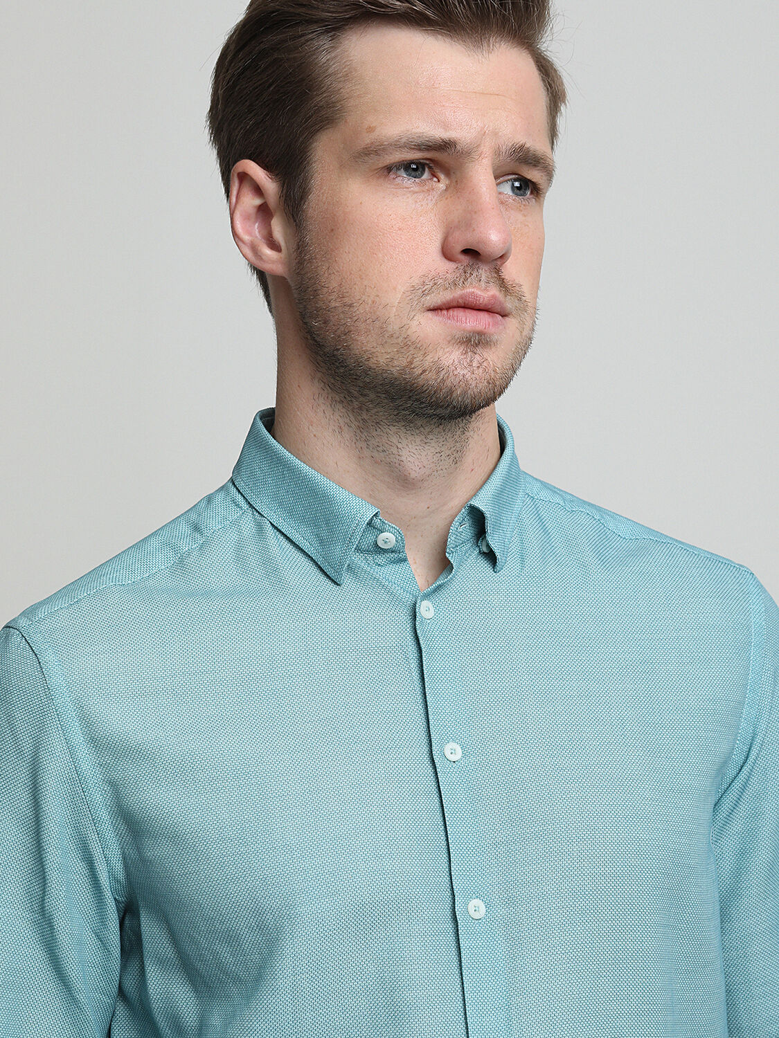 Blue Plain Regular Fit Weaving Classical Cotton Blended Shirt - 2