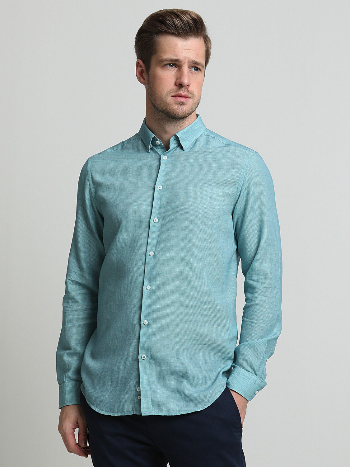 Blue Plain Regular Fit Weaving Classical Cotton Blended Shirt - 3