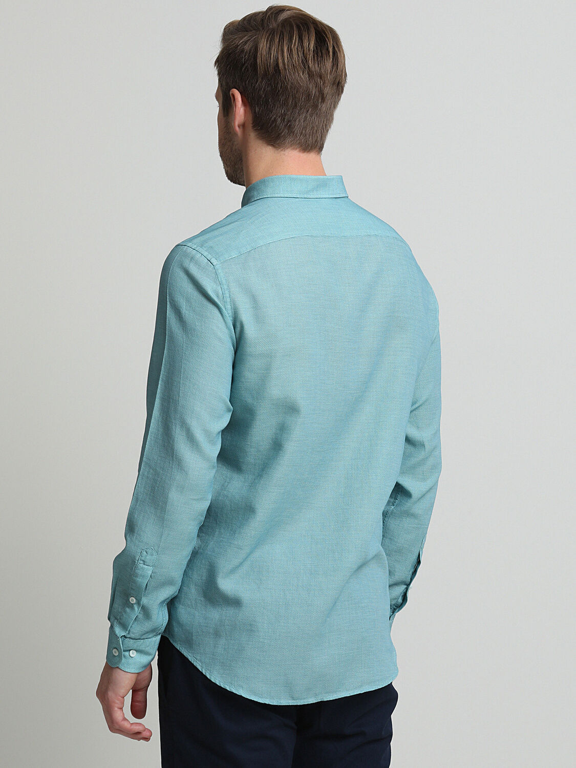 Blue Plain Regular Fit Weaving Classical Cotton Blended Shirt - 4