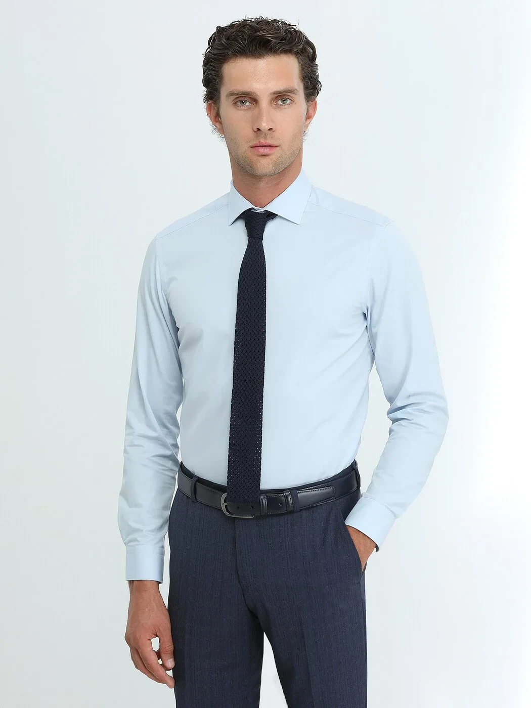 Blue Plain Regular Fit Weaving Classical Cotton Blended Shirt - 1