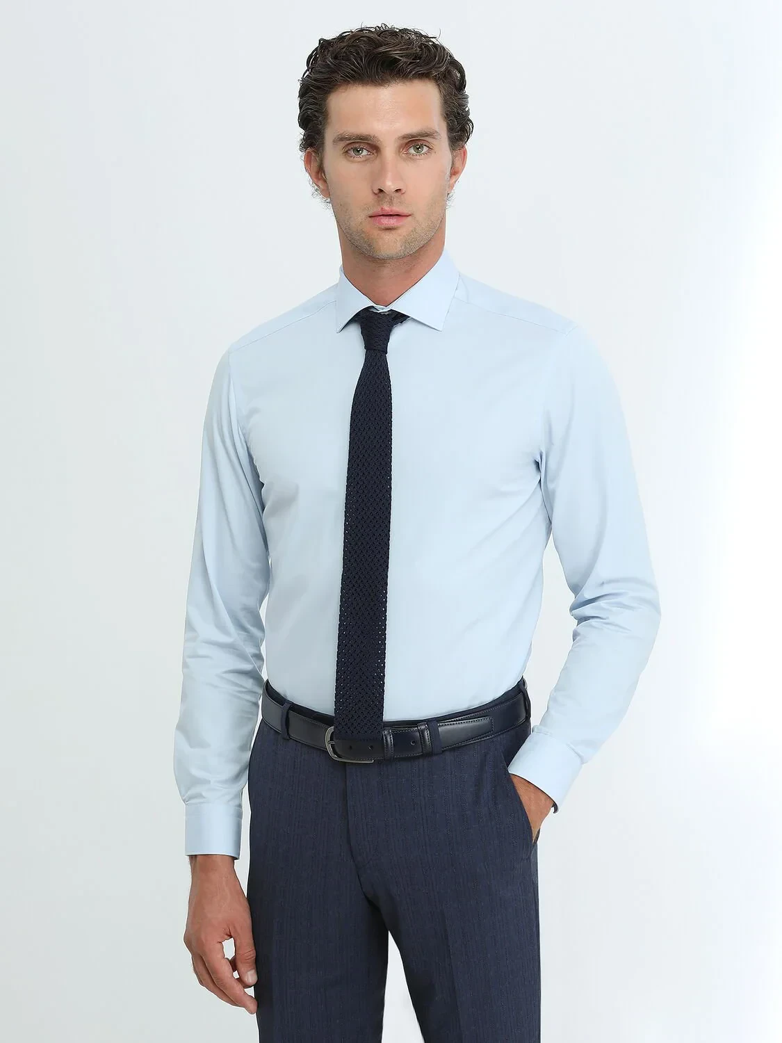 Blue Plain Regular Fit Weaving Classical Cotton Blended Shirt - 1