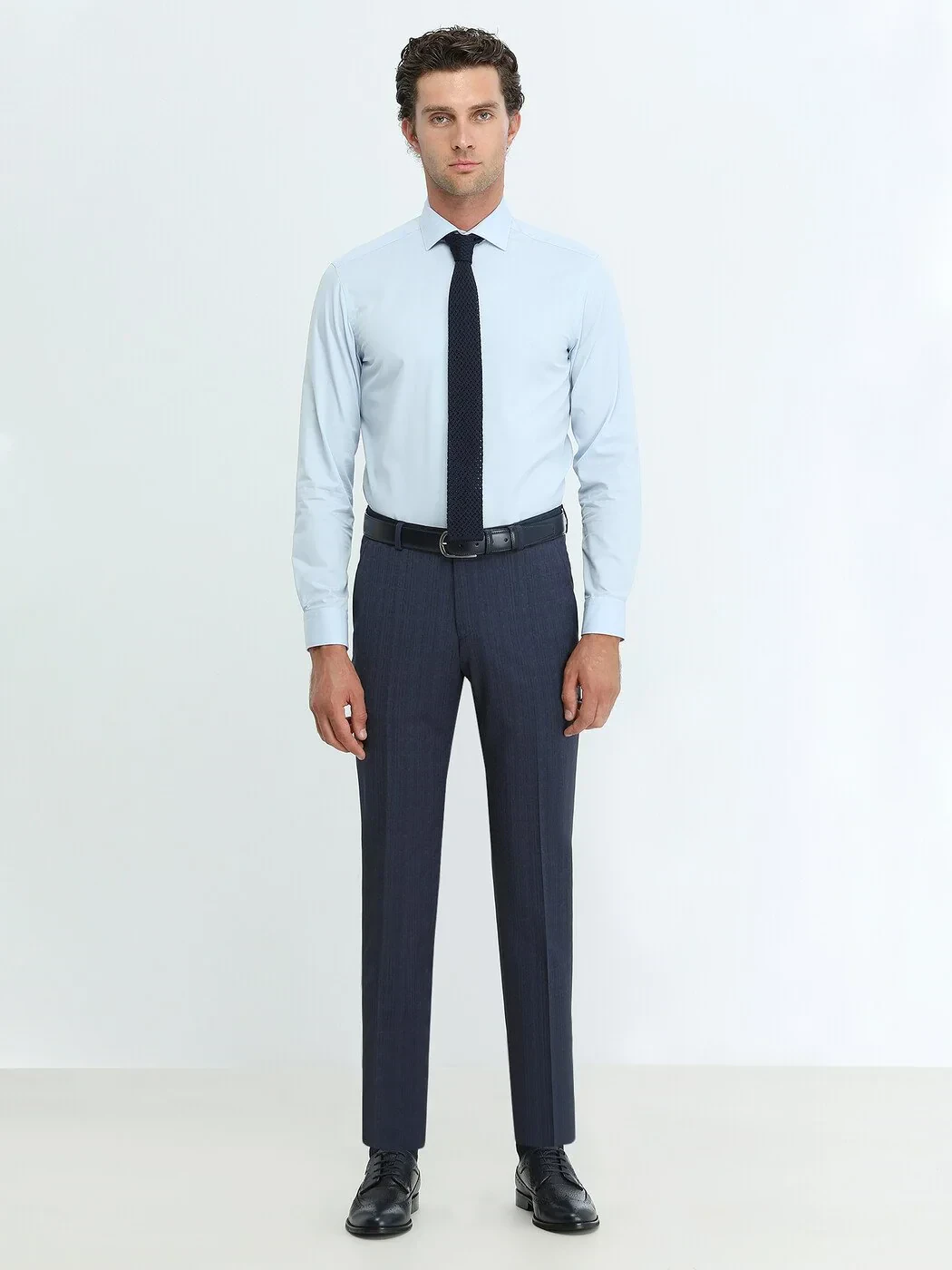 Blue Plain Regular Fit Weaving Classical Cotton Blended Shirt - 2