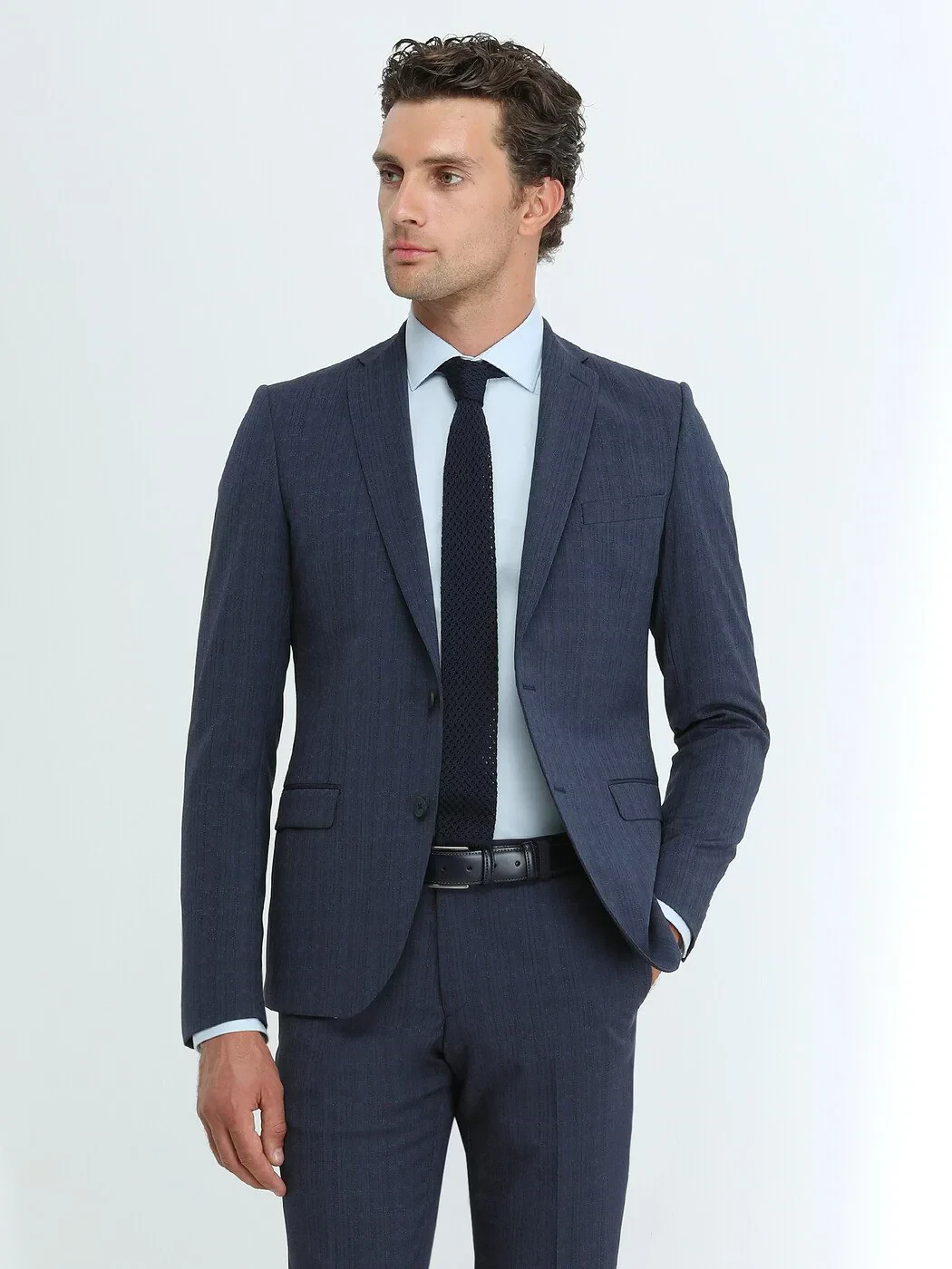 Blue Plain Regular Fit Weaving Classical Cotton Blended Shirt - 3