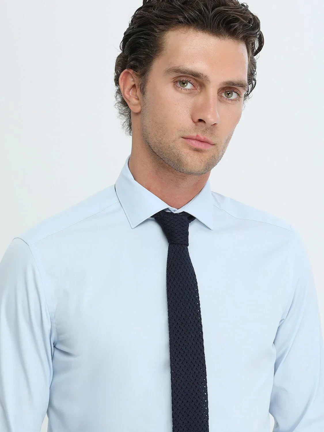 Blue Plain Regular Fit Weaving Classical Cotton Blended Shirt - 4