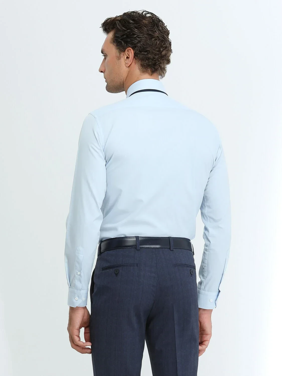 Blue Plain Regular Fit Weaving Classical Cotton Blended Shirt - 5