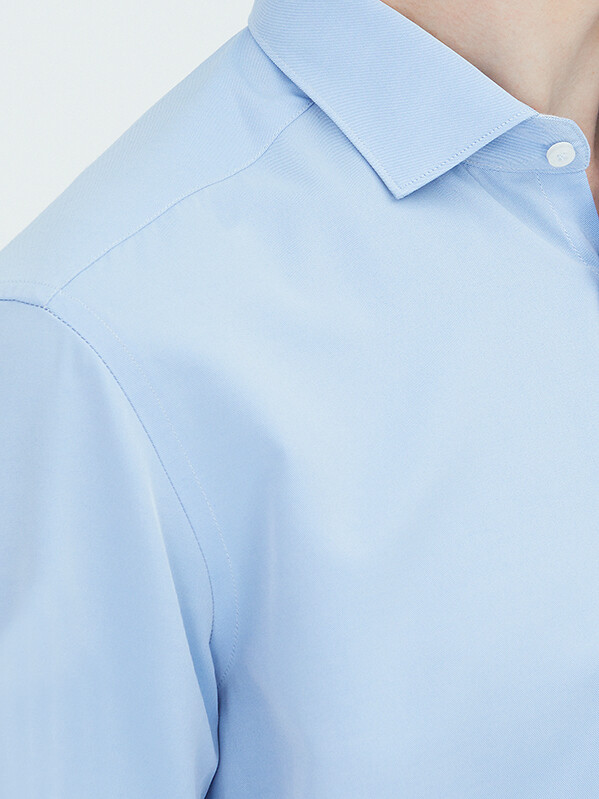 Blue Plain Regular Fit Weaving Classical Cotton Blended Shirt - 3