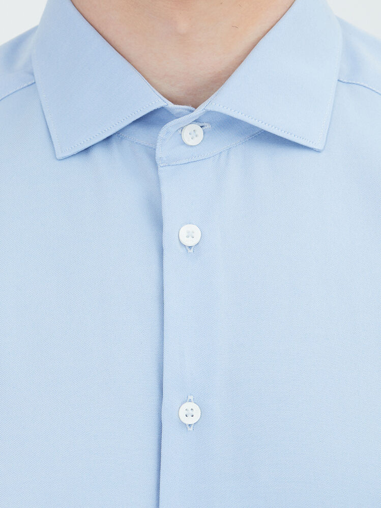 Blue Plain Regular Fit Weaving Classical Cotton Blended Shirt - 4