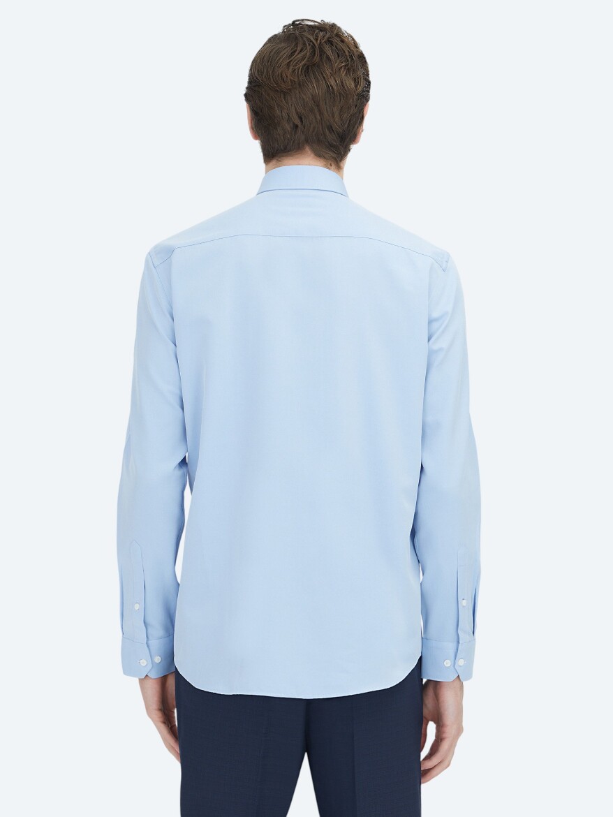 Blue Plain Regular Fit Weaving Classical Cotton Blended Shirt - 5