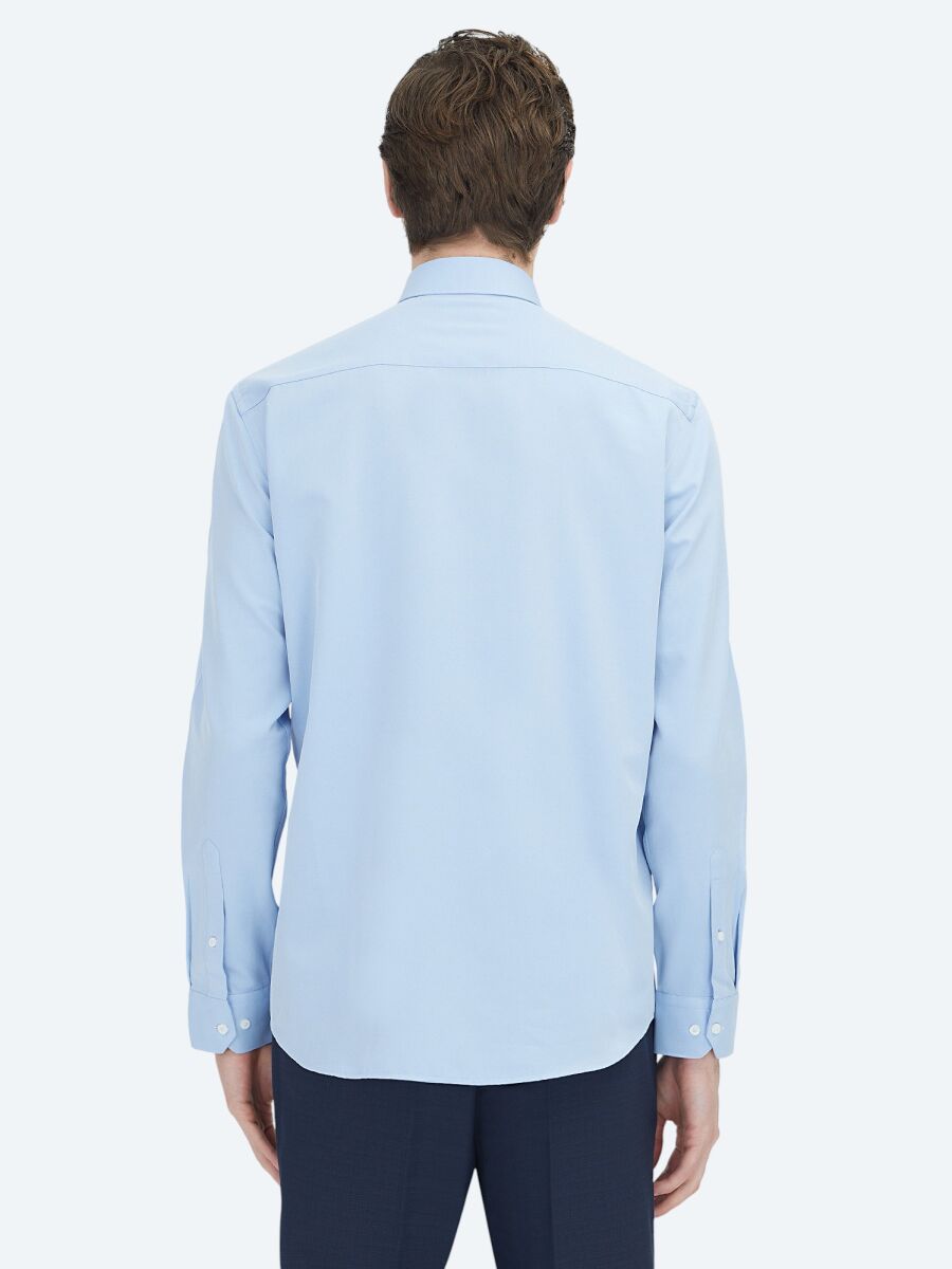 Blue Plain Regular Fit Weaving Classical Cotton Blended Shirt - 5