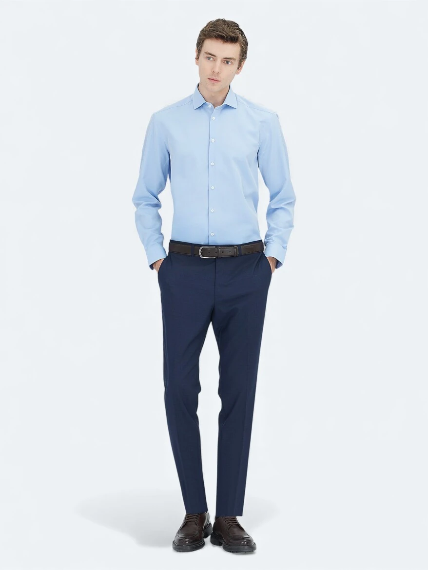 Blue Plain Regular Fit Weaving Classical Cotton Blended Shirt - KİP