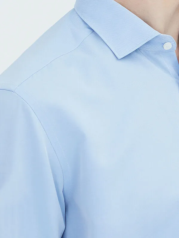 Blue Plain Regular Fit Weaving Classical Cotton Blended Shirt - 3