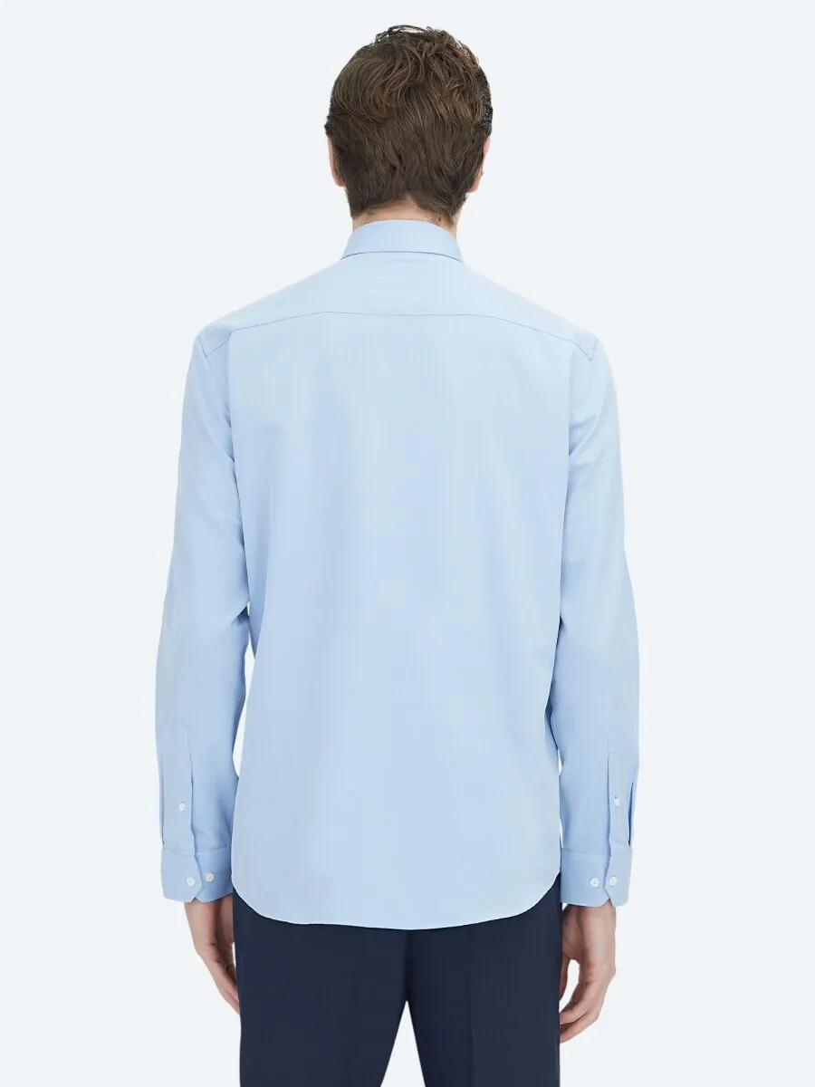 Blue Plain Regular Fit Weaving Classical Cotton Blended Shirt - 5