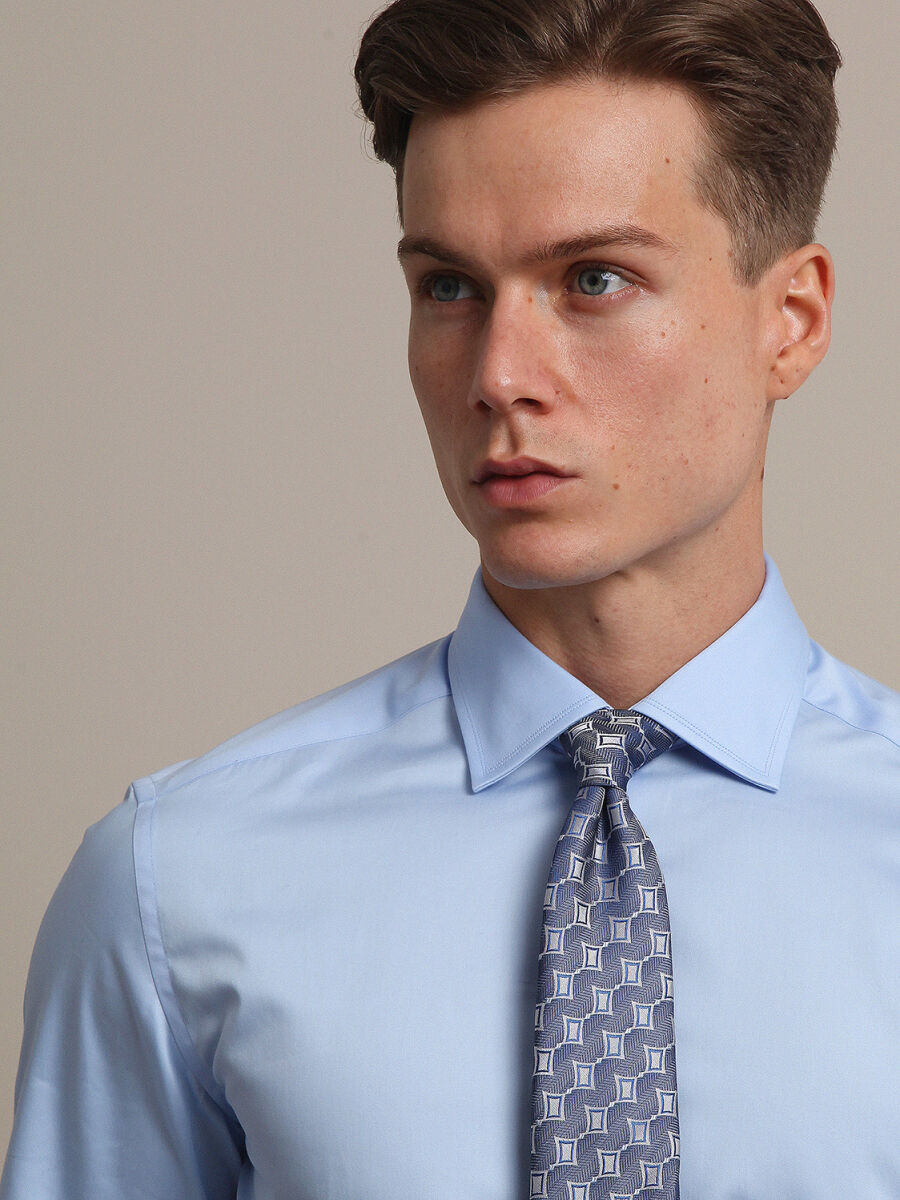 Blue Plain Slim Fit Long Weaving Classical 100% Cotton Shirt - 2