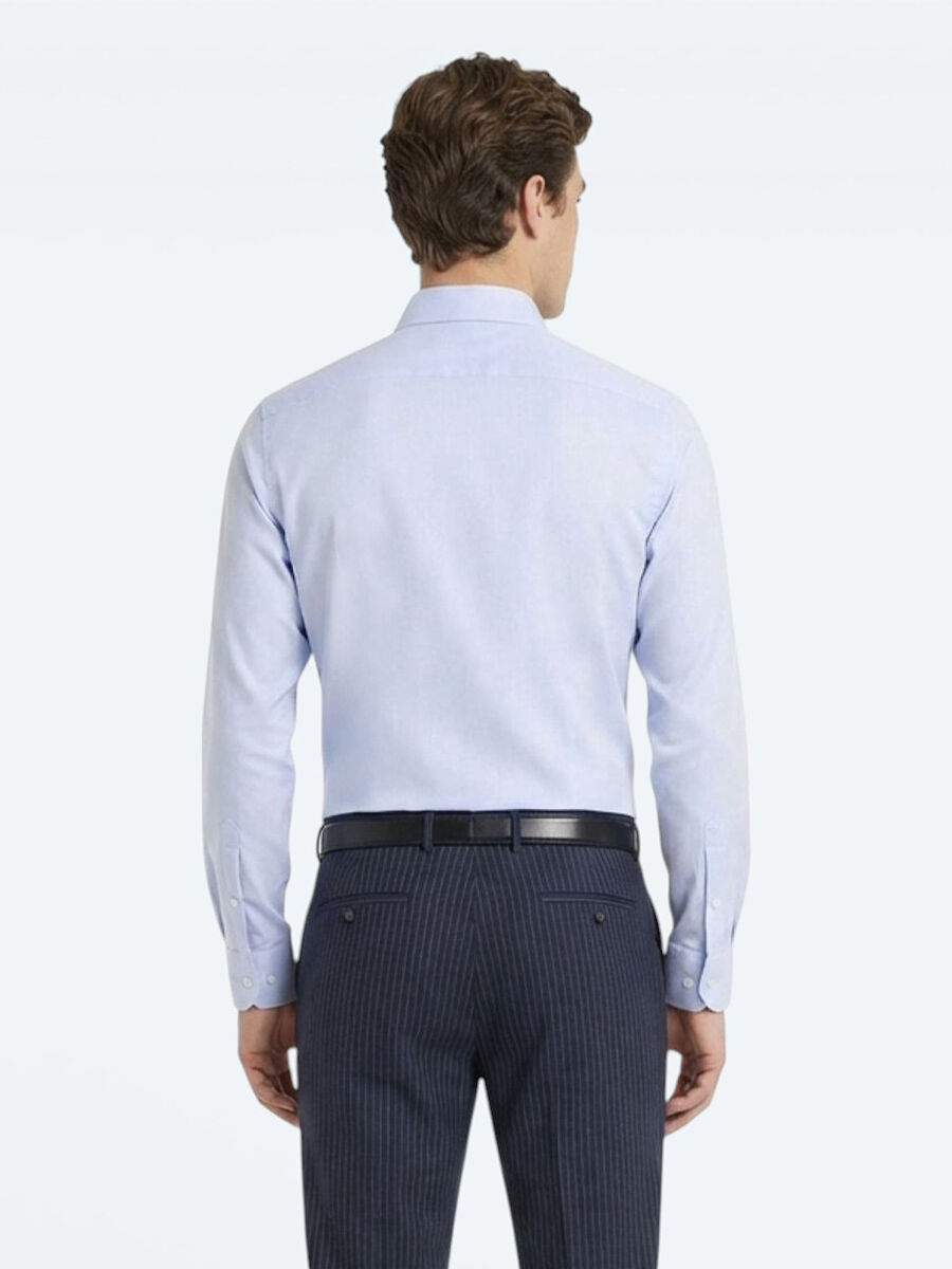 Blue Plain Slim Fit Long Weaving Classical 100% Cotton Shirt - 5