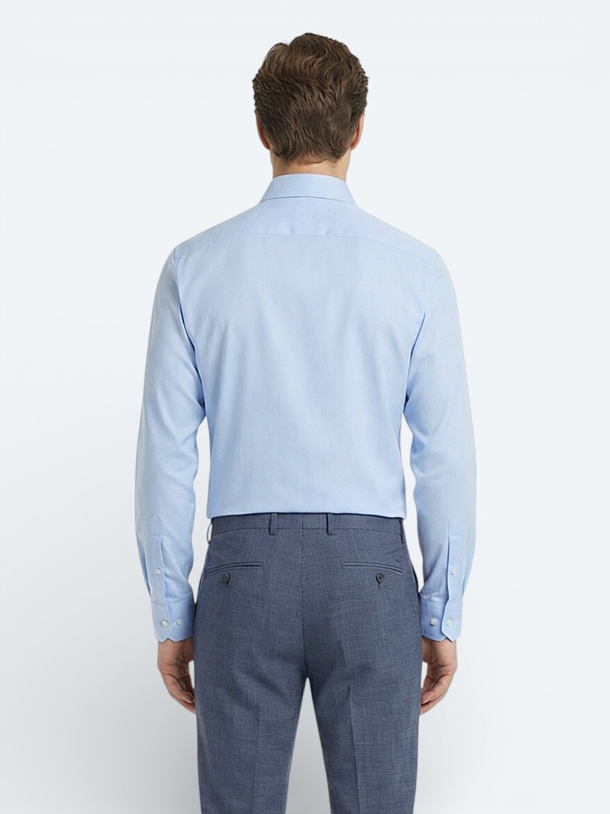 Blue Plain Slim Fit Long Weaving Classical 100% Cotton Shirt - 4