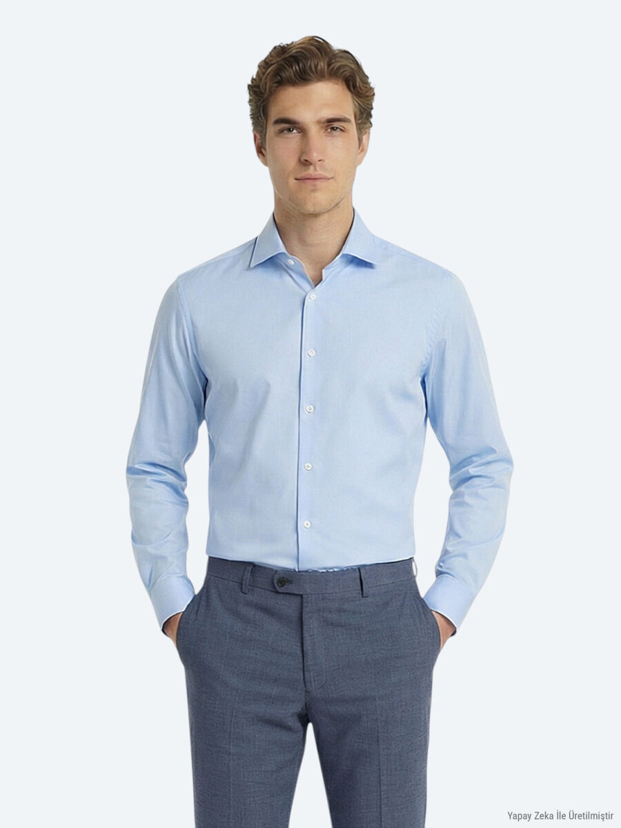 Blue Plain Slim Fit Long Weaving Classical 100% Cotton Shirt - 1