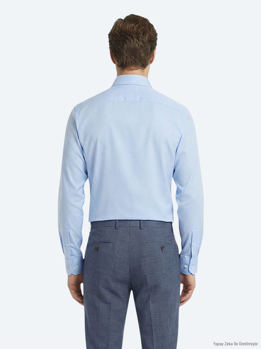 Blue Plain Slim Fit Long Weaving Classical 100% Cotton Shirt - 4