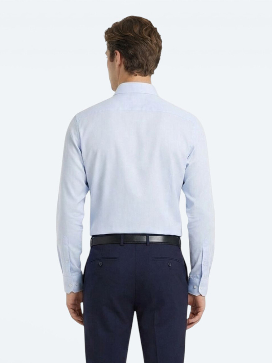 Blue Plain Slim Fit Long Weaving Classical Cotton Blended Shirt - 5